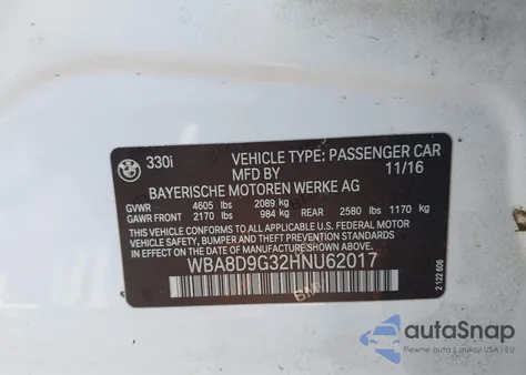 2017 BMW 330I xDrive z USA, uszkodzony, nr VIN WBA8D9G32HNU62017